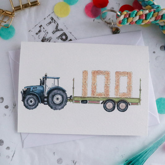 Blue Tractor and Trailer 100th Birthday Card