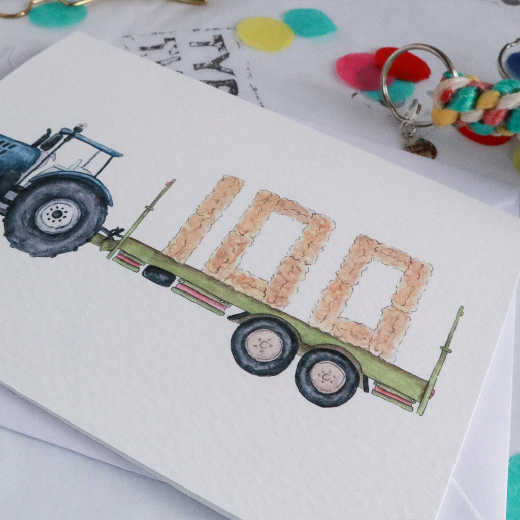 Blue Tractor and Trailer 100th Birthday Card
