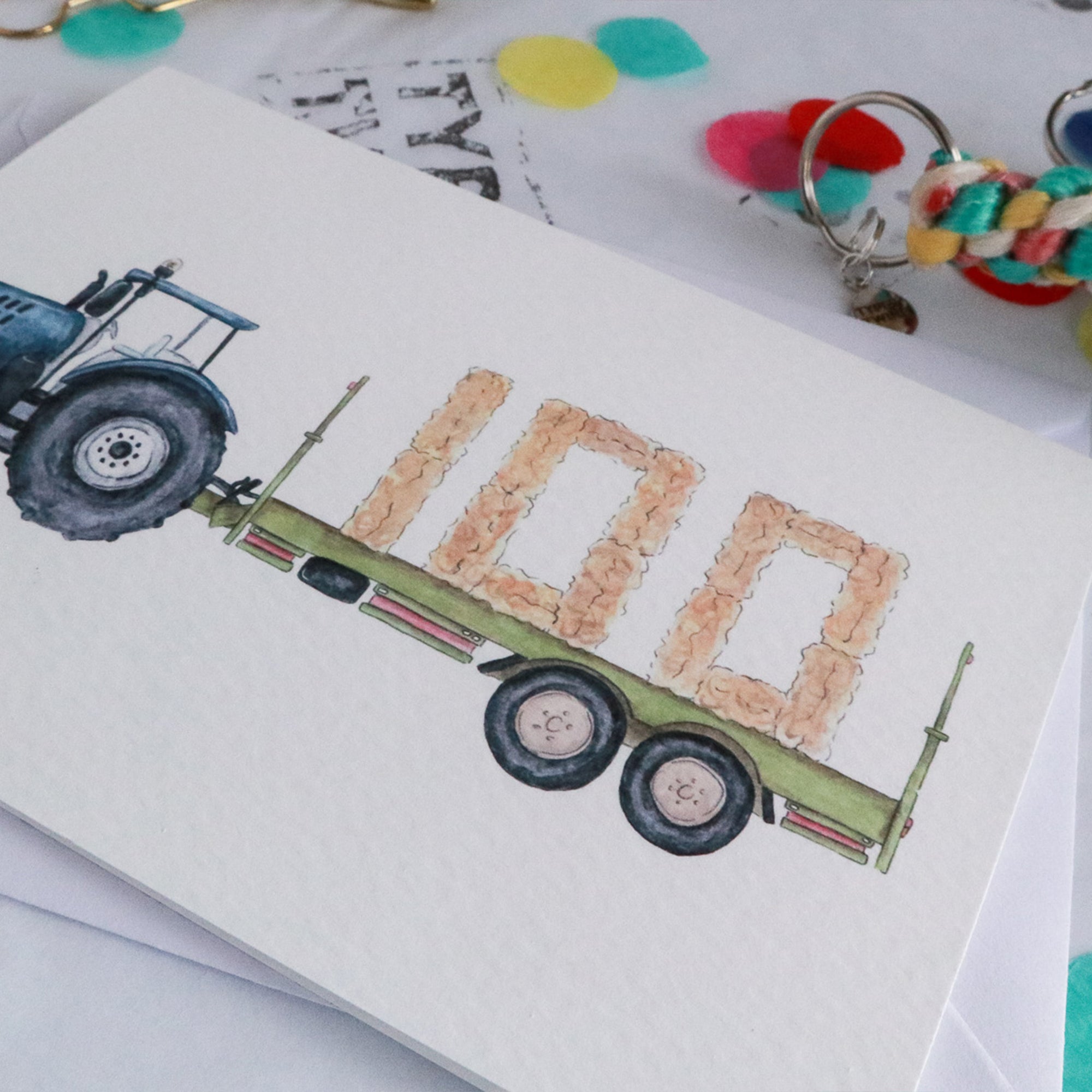 Blue Tractor and Trailer 100th Birthday Card