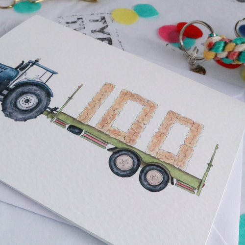 Blue Tractor and Trailer 100th Birthday Card