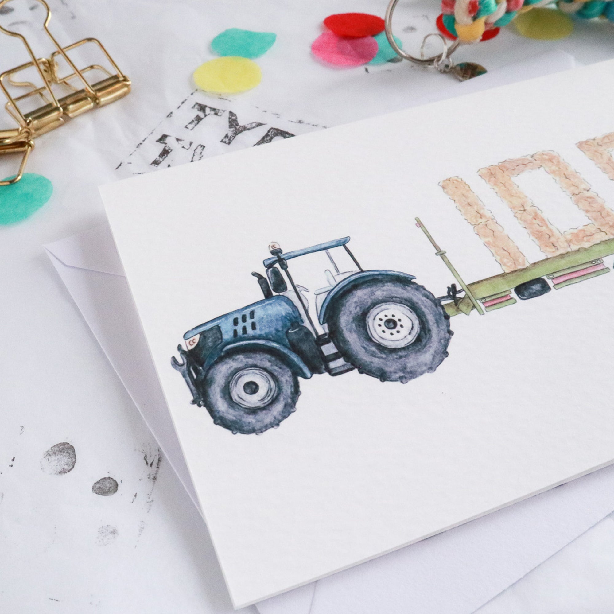 Blue Tractor and Trailer 100th Birthday Card