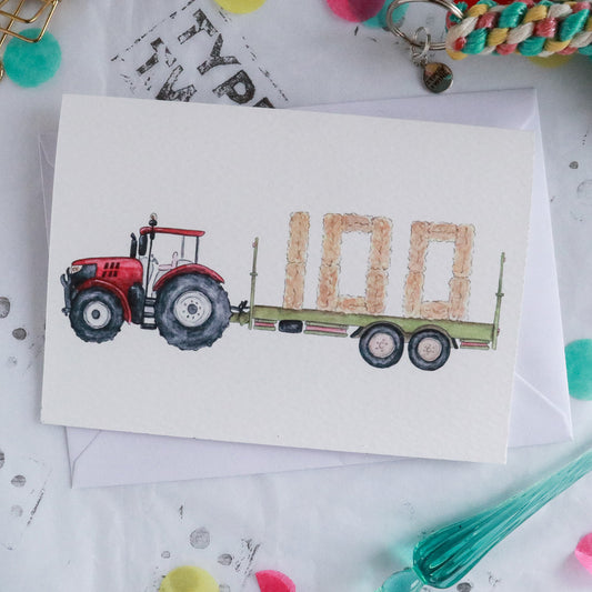 Red Tractor and Trailer 100th Birthday Card