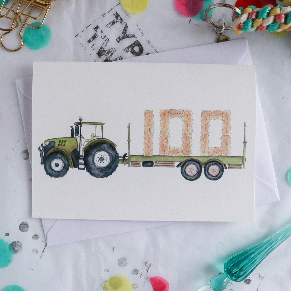 Green Tractor and Trailer 100th Birthday Card