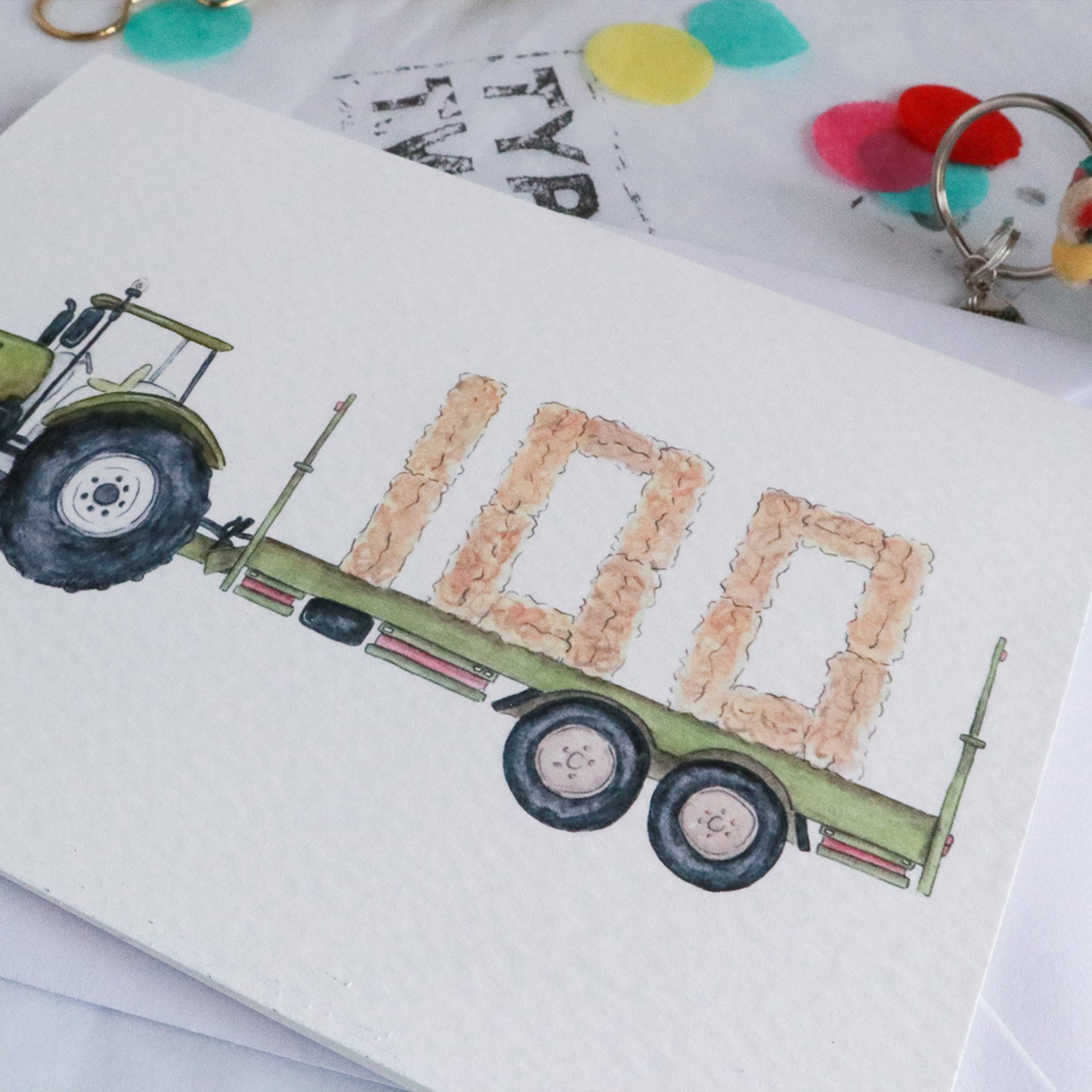 Green Tractor and Trailer 100th Birthday Card