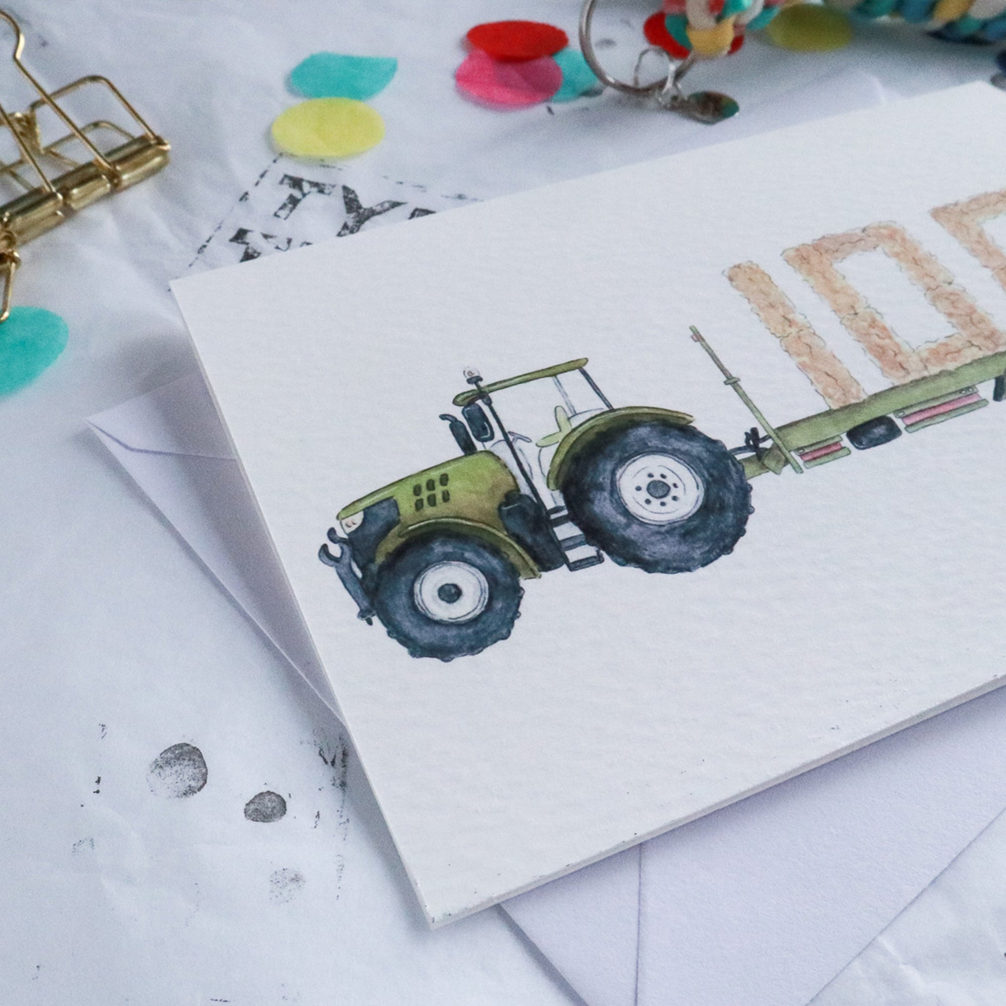 Green Tractor and Trailer 100th Birthday Card