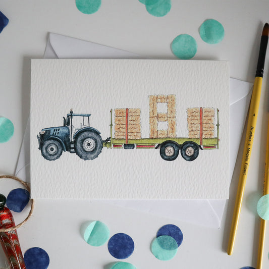 Blue Tractor and Trailer 8th Birthday Card