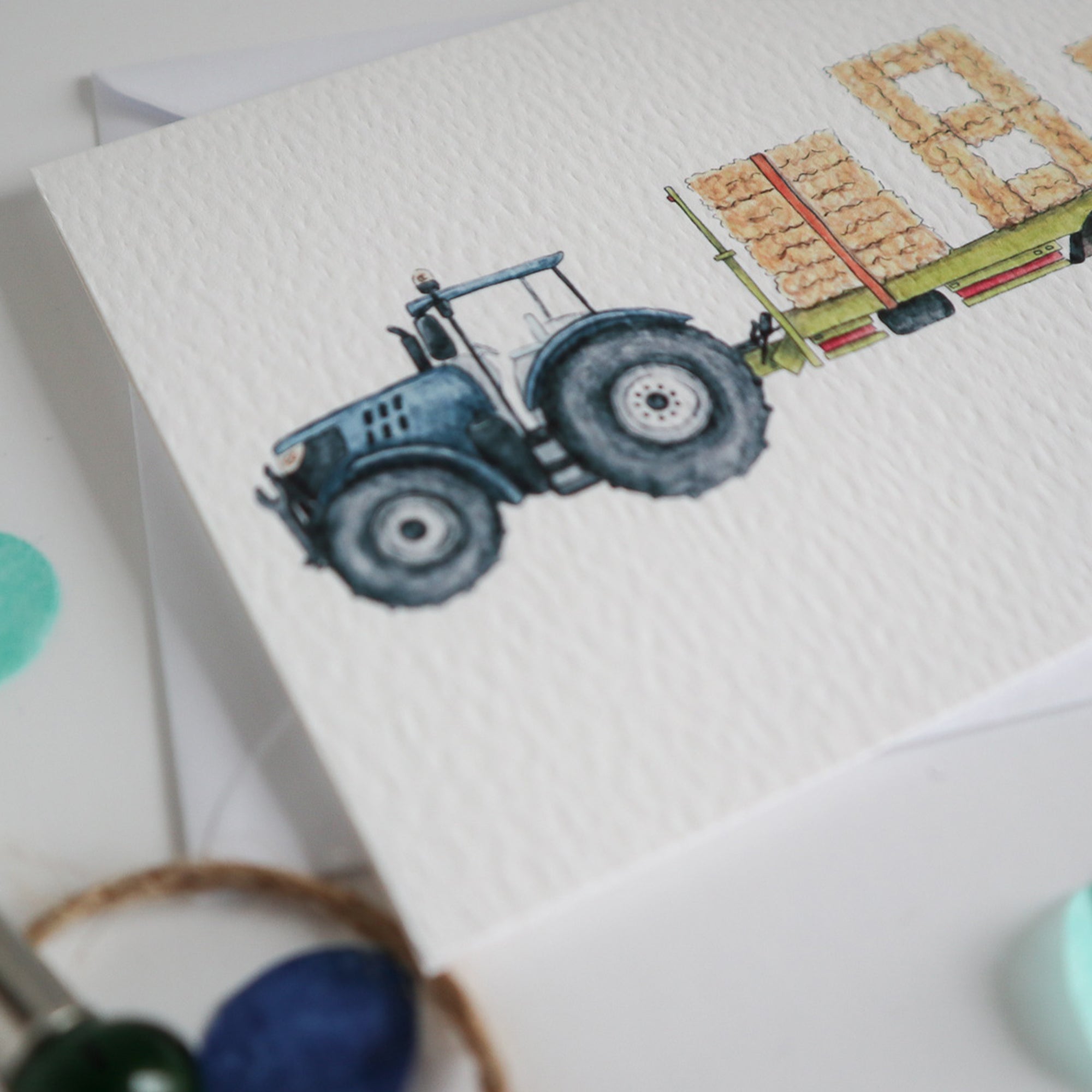 Blue Tractor and Trailer 8th Birthday Card