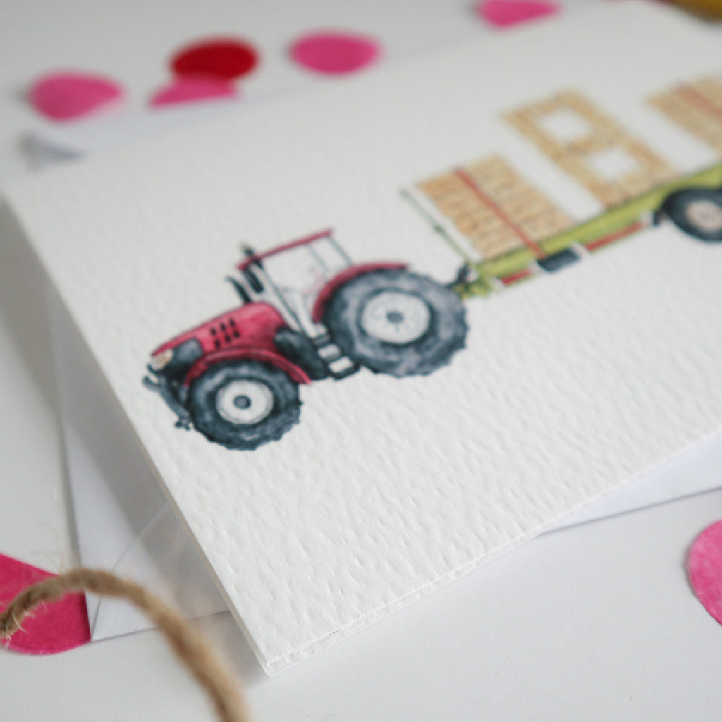 Red Tractor and Trailer 8th Birthday Card