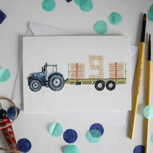 Blue Tractor and Trailer 9th Birthday Card