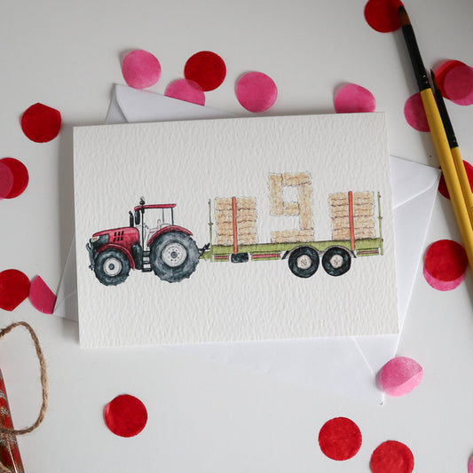 Red Tractor and Trailer 9th Birthday Card