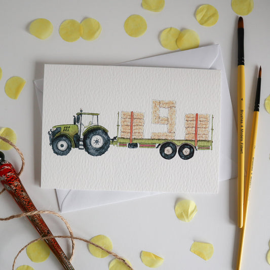 Green Tractor and Trailer 9th Birthday Card