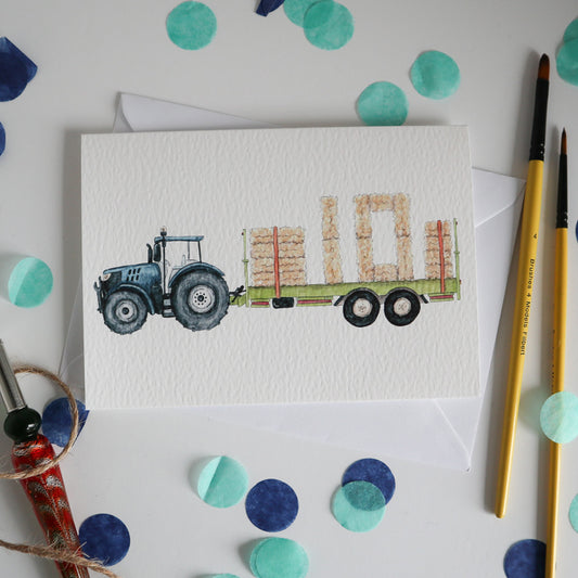 Blue Tractor and Trailer 10th Birthday Card