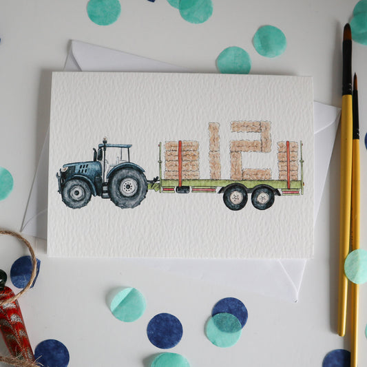 Blue Tractor and Trailer 12th Birthday Card
