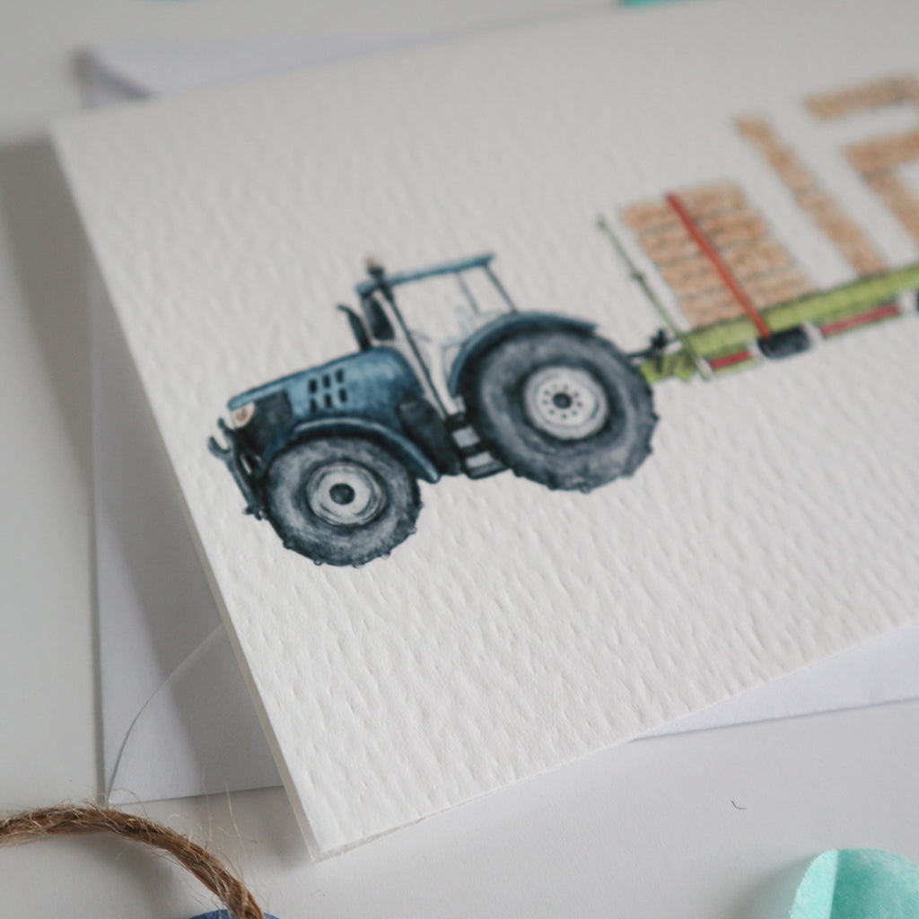 Blue Tractor and Trailer 12th Birthday Card