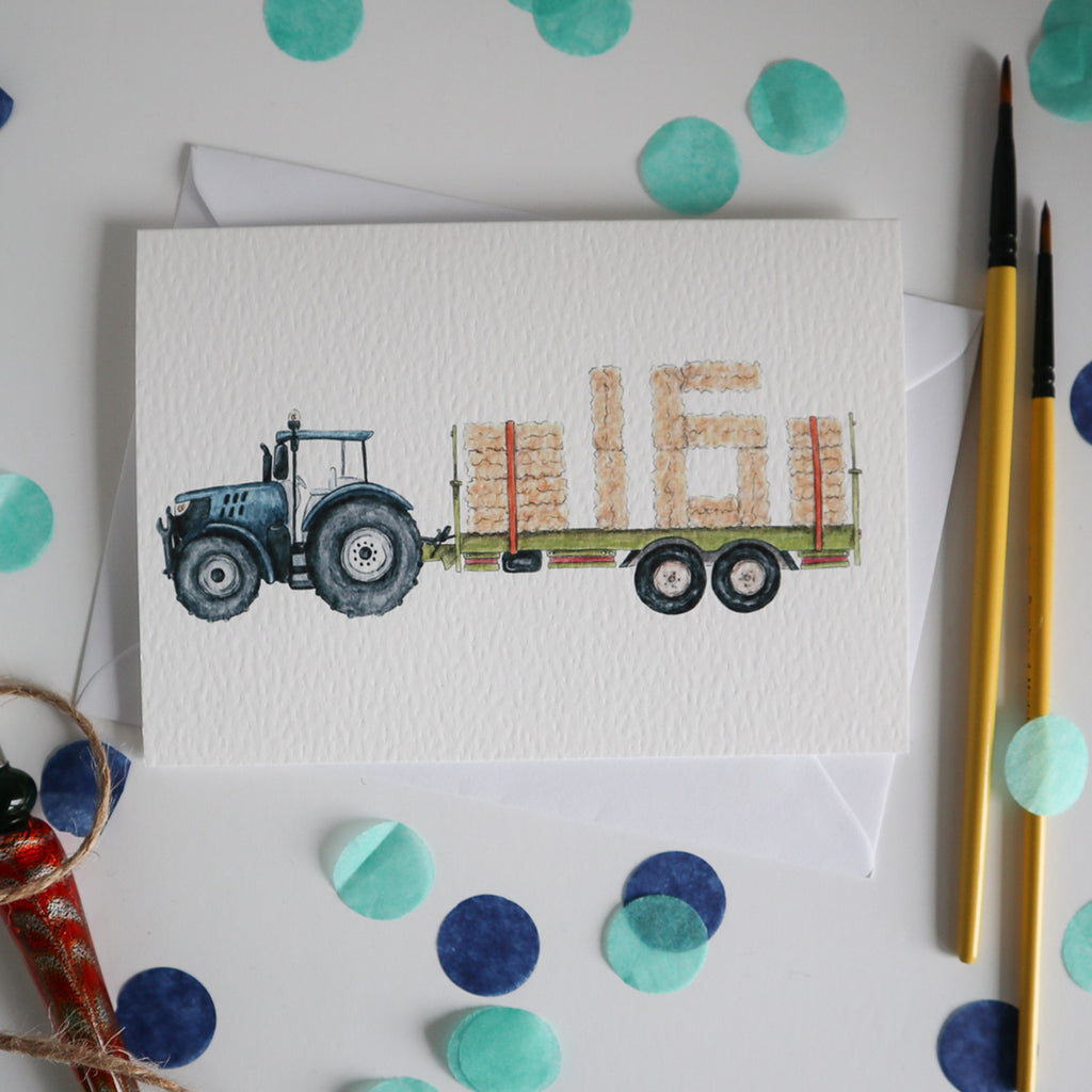 Blue Tractor and Trailer 16th Birthday Card
