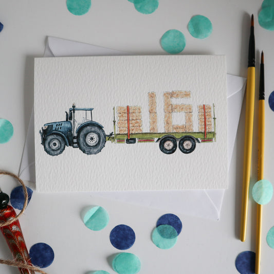 Blue Tractor and Trailer 16th Birthday Card