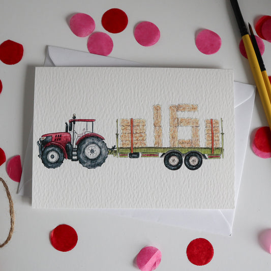 Red Tractor and Trailer 16th Birthday Card