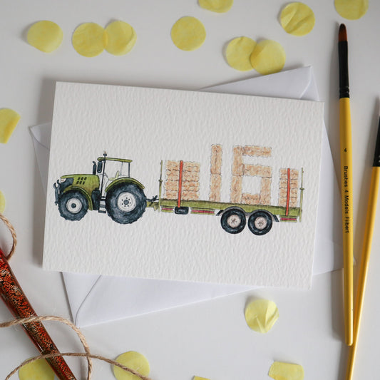 Green Tractor and Trailer 16th Birthday Card
