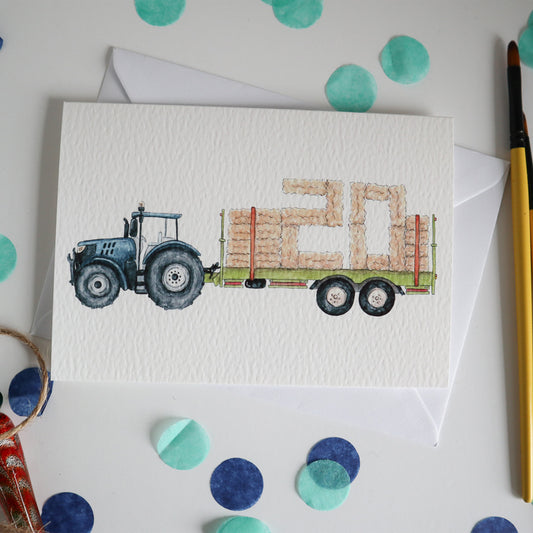 Blue Tractor and Trailer 20th Birthday Card