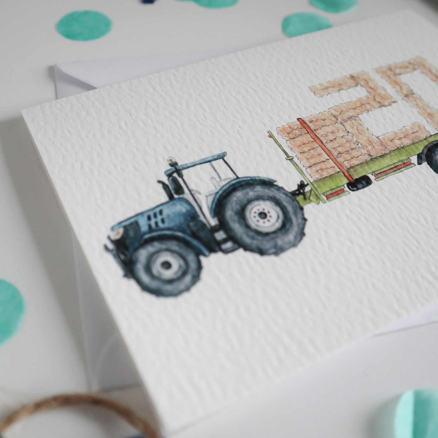 Blue Tractor and Trailer 20th Birthday Card
