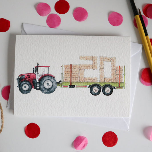 Red Tractor and Trailer 20th Birthday Card