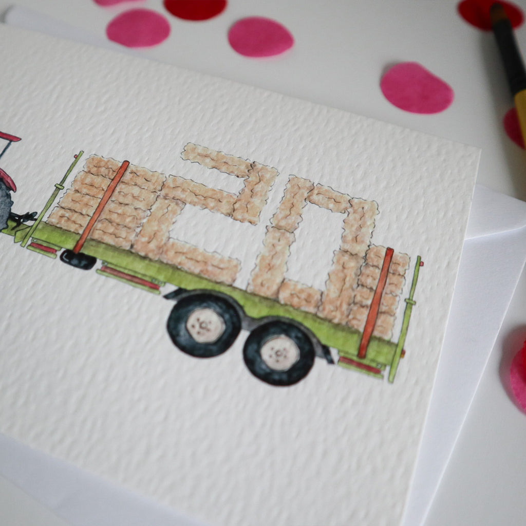 Red Tractor and Trailer 20th Birthday Card