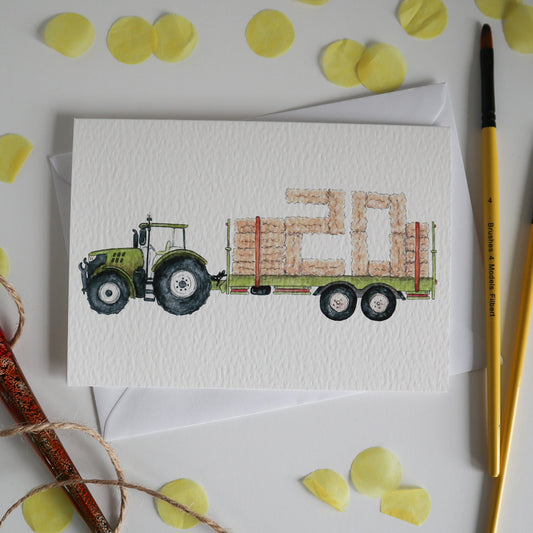 Green Tractor and Trailer 20th Birthday Card