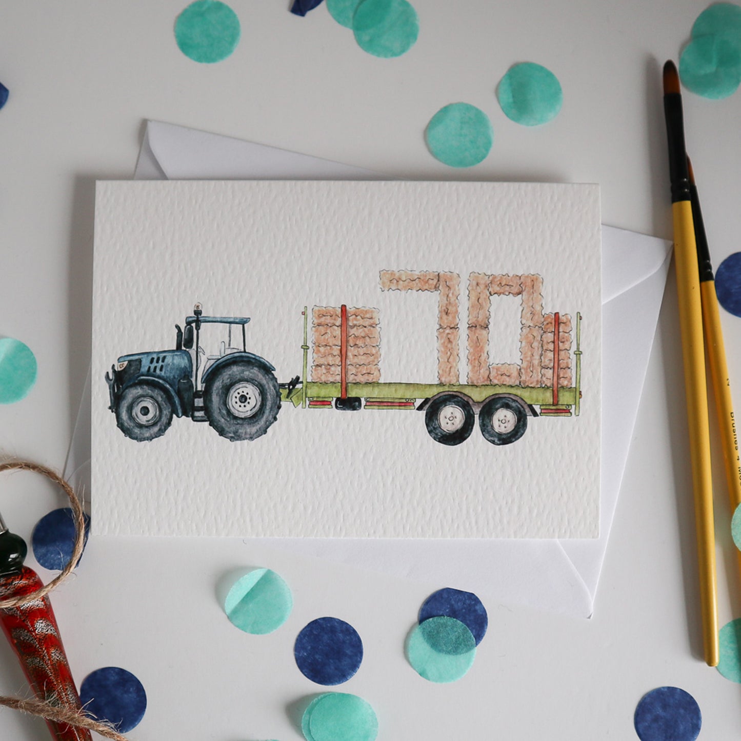 Blue Tractor and Trailer 70th Birthday Card