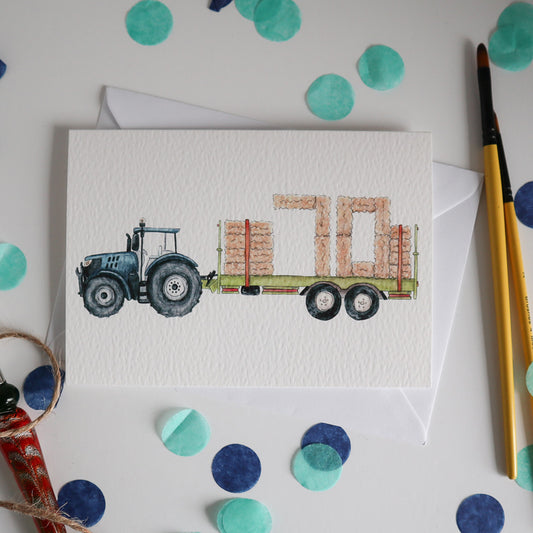 Blue Tractor and Trailer 70th Birthday Card