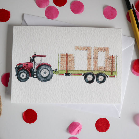 Red Tractor and Trailer 70th Birthday Card