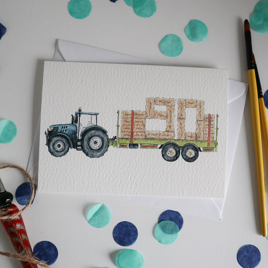 Blue Tractor and Trailer 90th Birthday Card