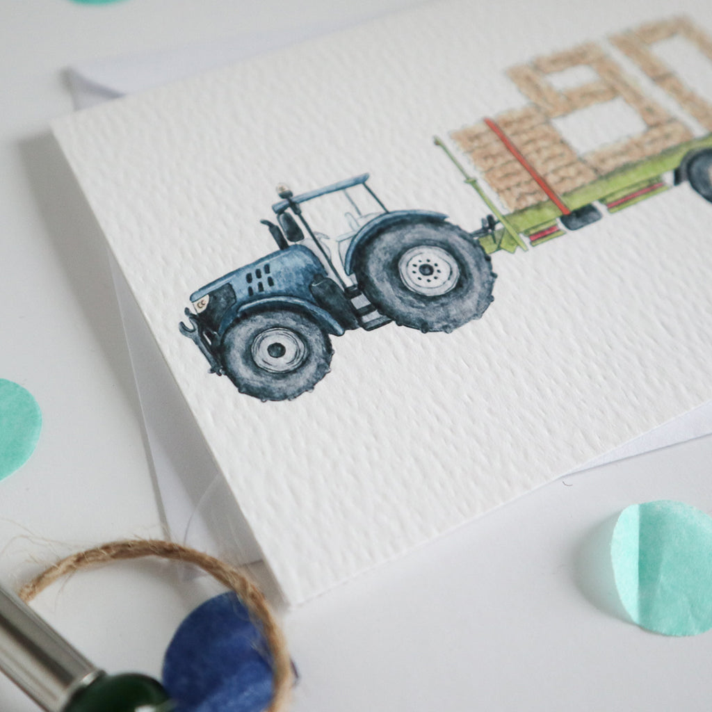 Blue Tractor and Trailer 90th Birthday Card