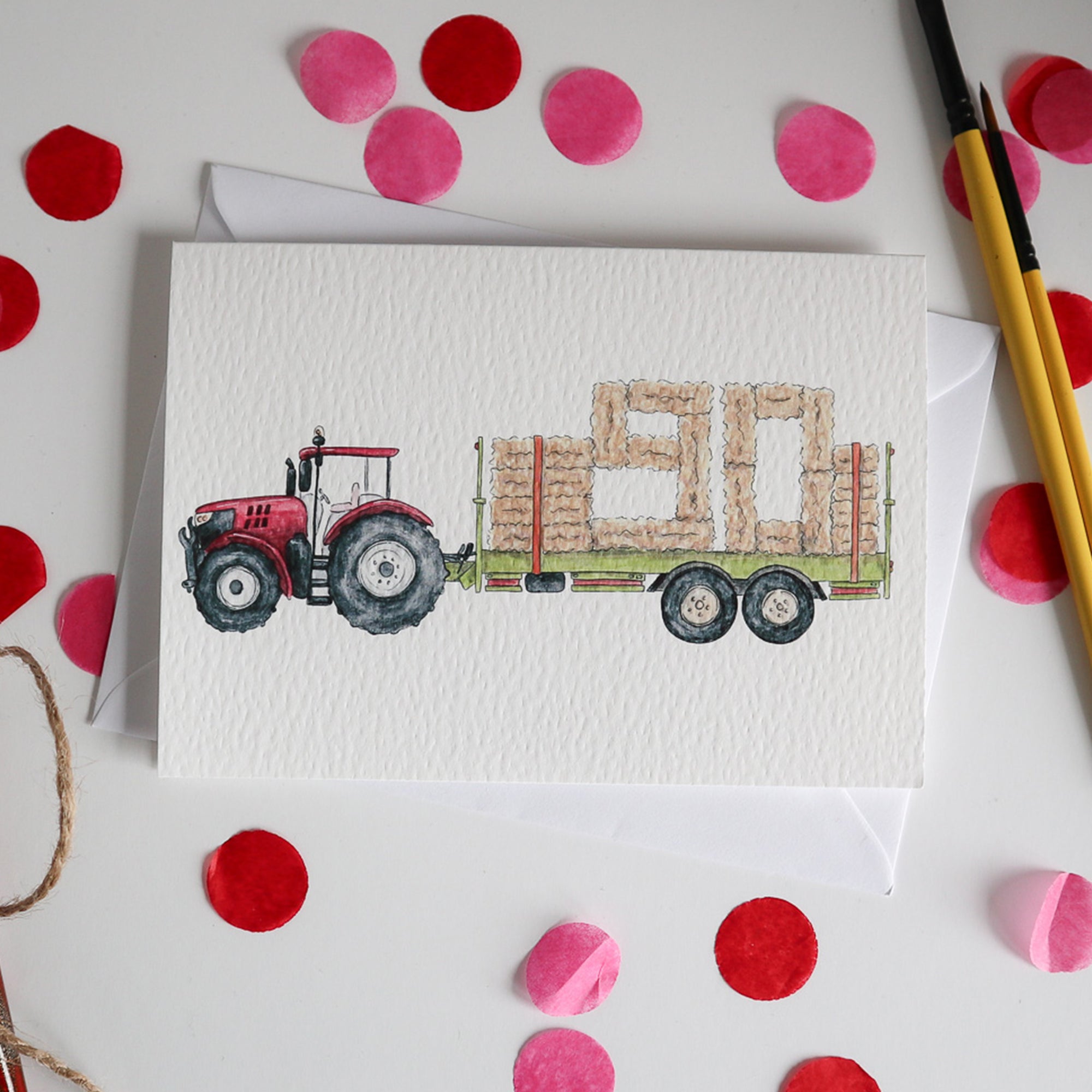 Red Tractor and Trailer 90th Birthday Card