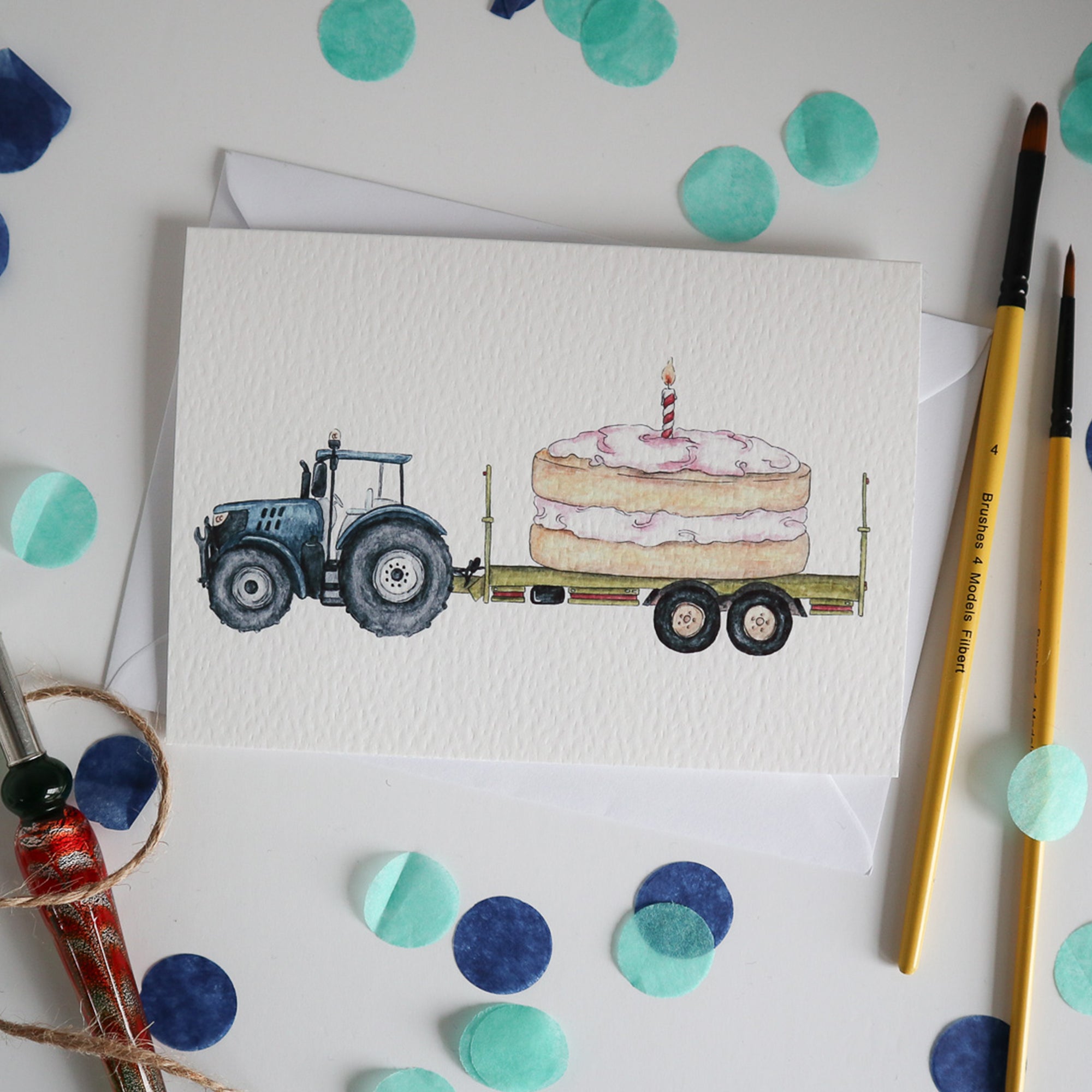 Blue Tractor and Trailer Cake Birthday Card