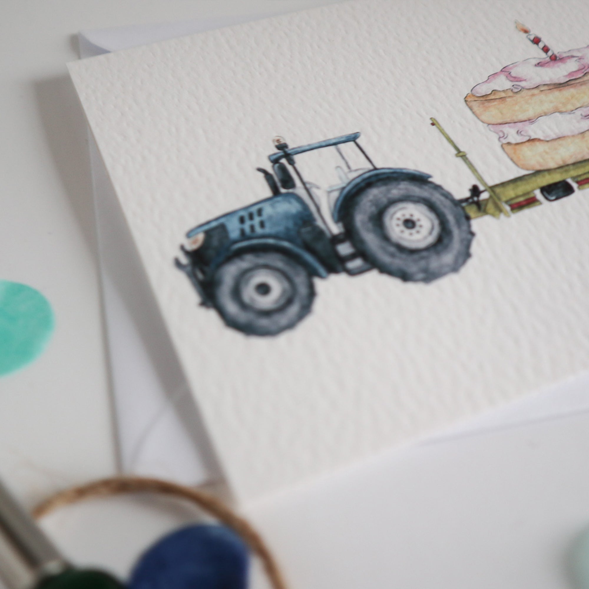 Blue Tractor and Trailer Cake Birthday Card