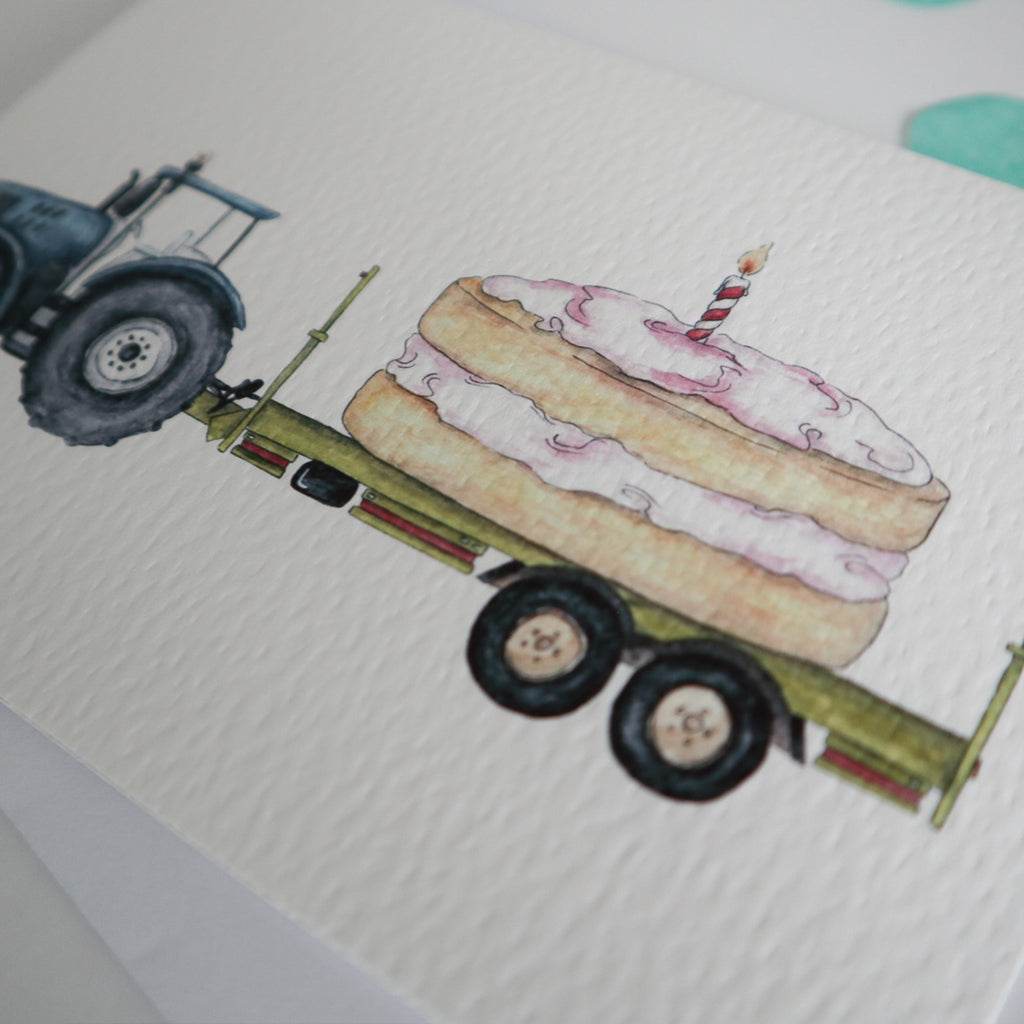 Blue Tractor and Trailer Cake Birthday Card
