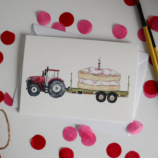 Red Tractor and Trailer Cake Birthday Card