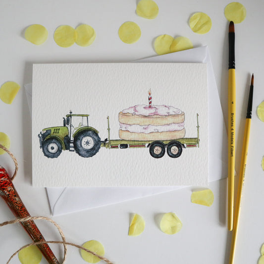 Green Tractor and Trailer Cake Birthday Card