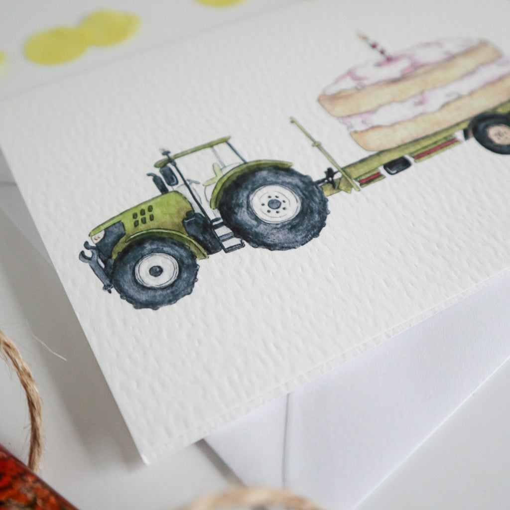 Green Tractor and Trailer Cake Birthday Card