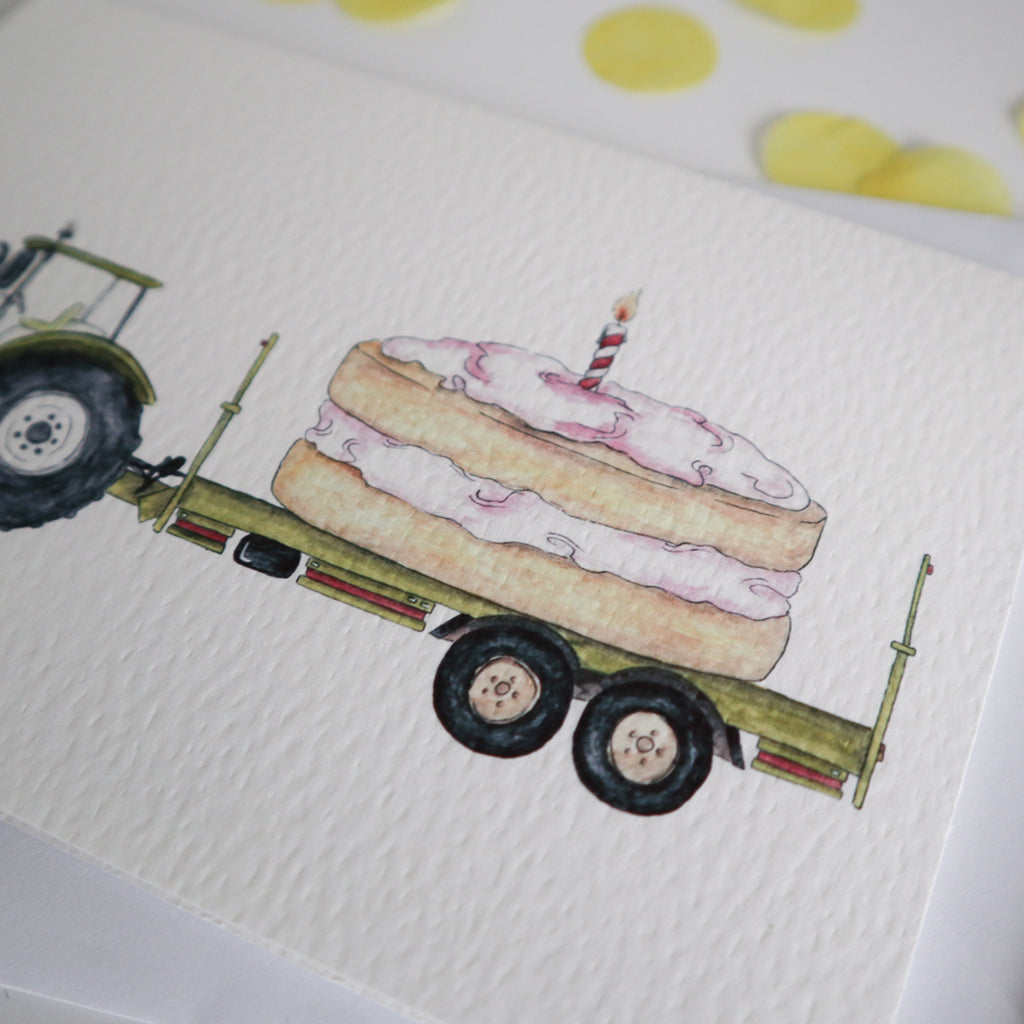 Green Tractor and Trailer Cake Birthday Card