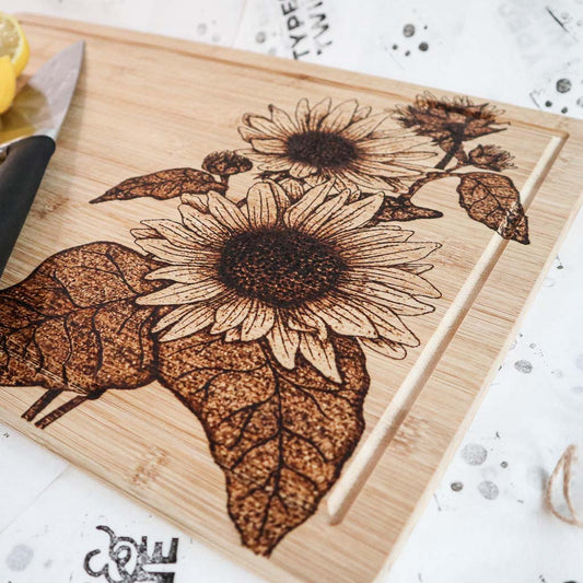 Lunarable Sunflower Cutting Board, 3 Sunflowers on Wooden