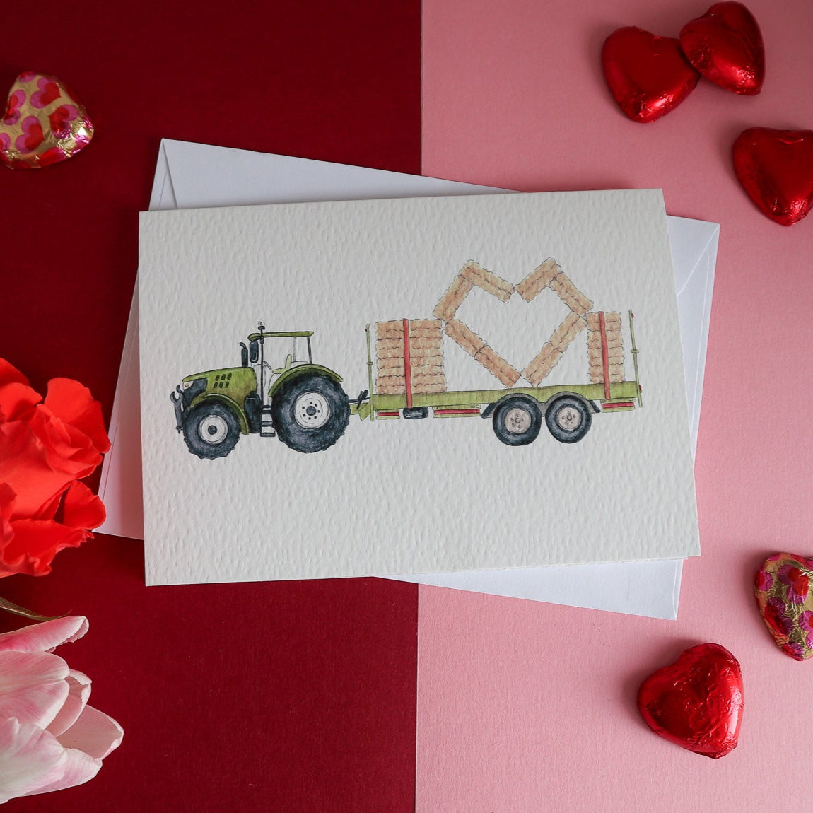 Green Tractor and Trailer Heart Card