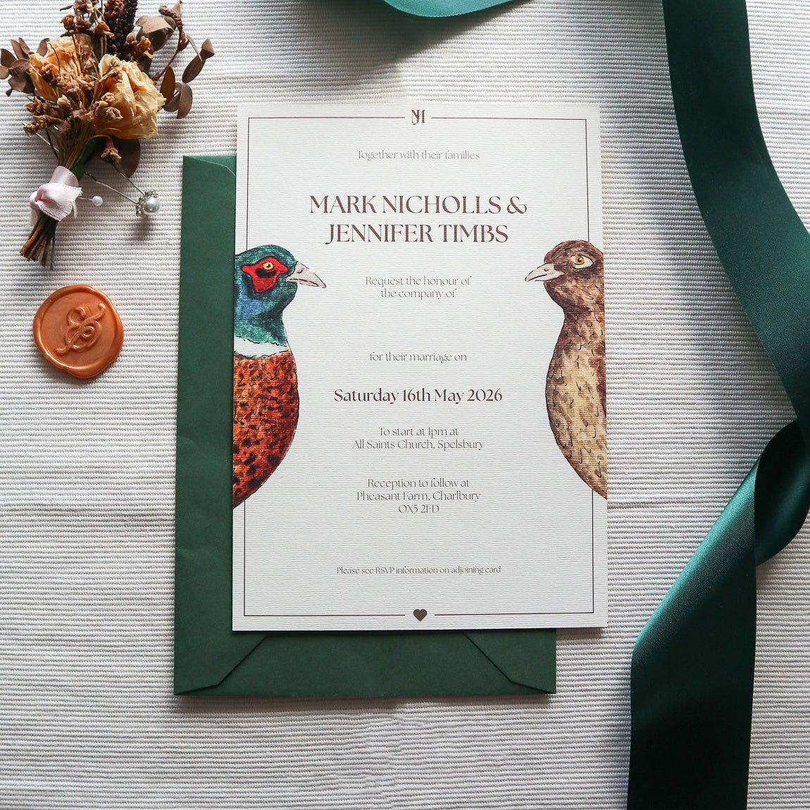 Pheasant Hearts Wedding Invitation SAMPLE PACK