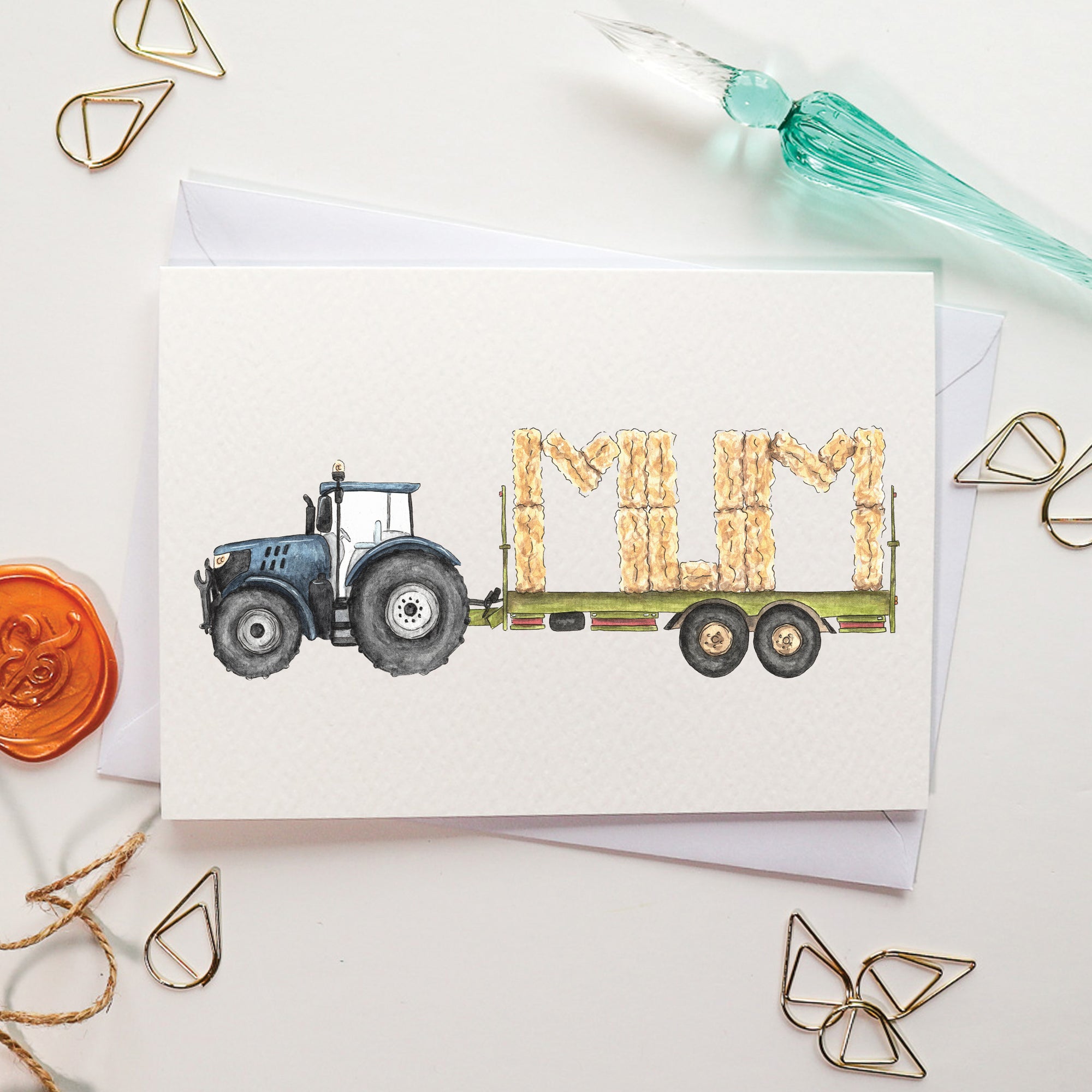 Blue Tractor and Trailer Mum Card