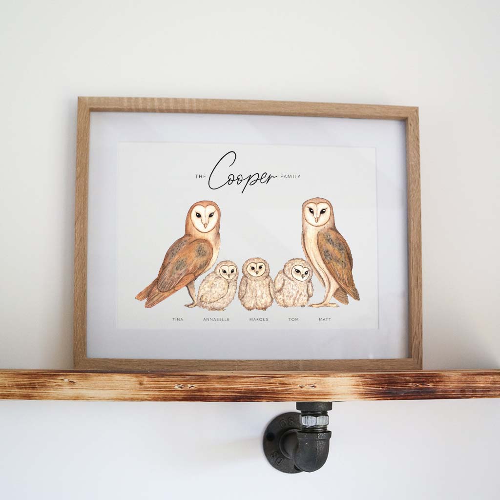 Barn Owl Family Personalised Print